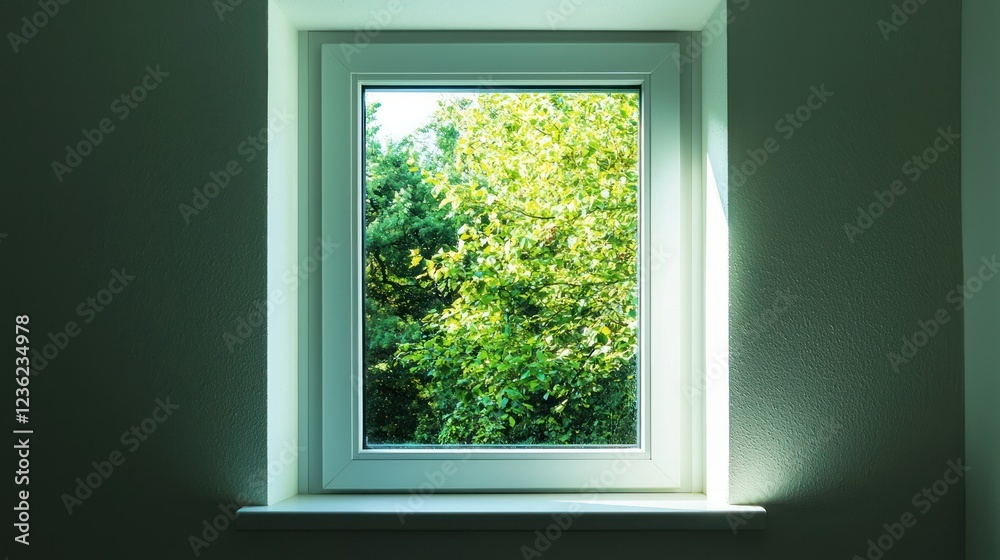 Fototapeta premium A bright basement window, showcasing a peaceful view of the outdoors, bringing light into an otherwise dark space.