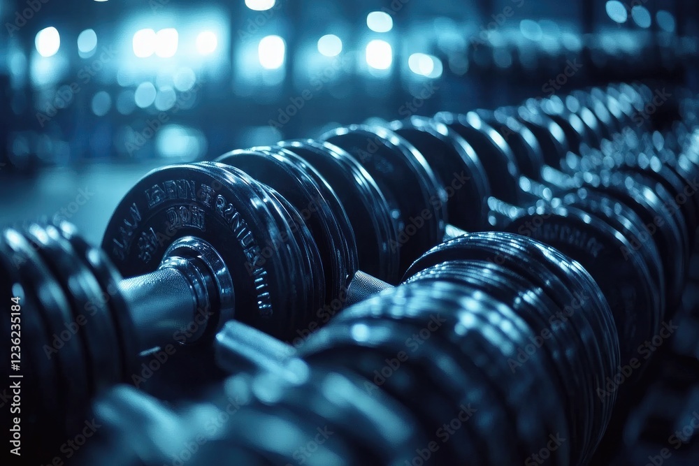 Dumbbells row is waiting for bodybuilders in modern gym Dumbbells row is waiting for bodybuilders in modern gym