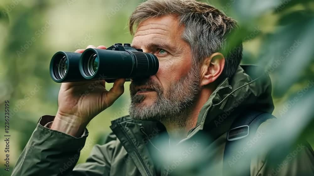 A handsome man using binoculars to observe wildlife, taking in the tranquil forest ambiance, and forestbathing A handsome man using binoculars to observe wildlife, taking in the tranquil forest ambiance, and forestbathing