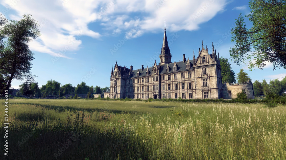 Obraz premium Majestic castle stands proudly in the middle of a field of tall grass, its gothic architecture reaching towards the sky on a bright, sunny day
