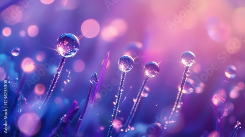 Dewdrops on grass, sunrise bokeh background, nature macro photography, website banner