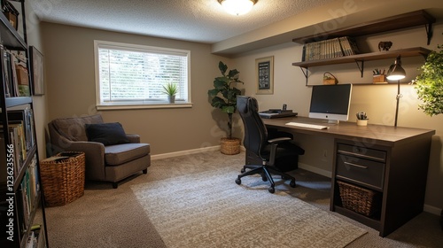 A cozy basement room set up as a home office, complete with a desk, chair, and modern dÃ©cor.