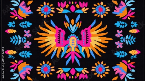 Wallpaper Mural Vibrant Colorful Bird Embroidery Pattern on Black Torontodigital.ca