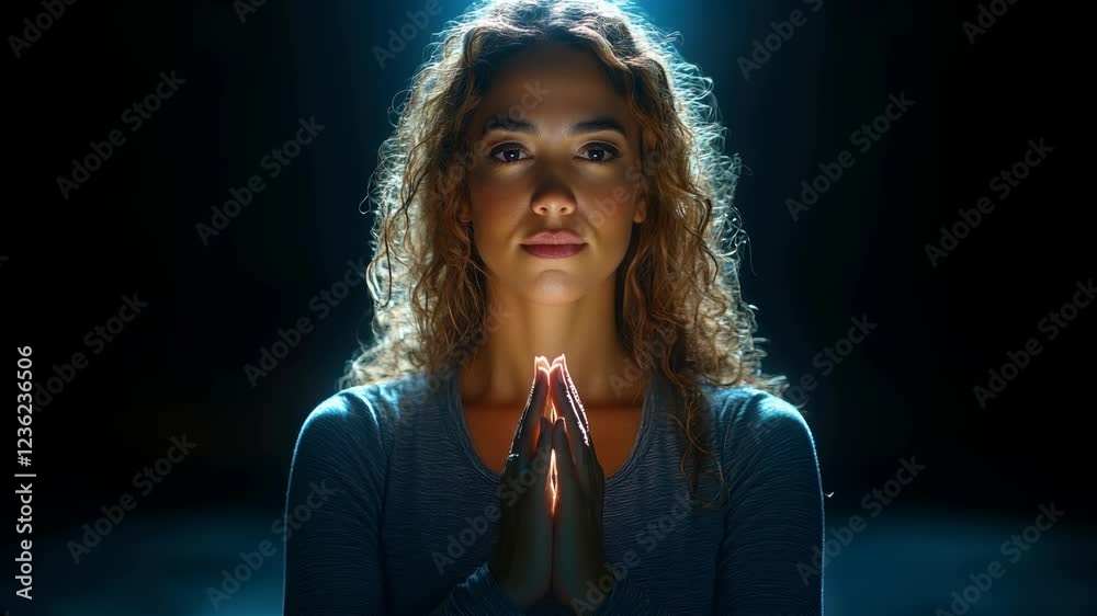 A woman is praying in a dark room. She is smiling and her hands are clasped together