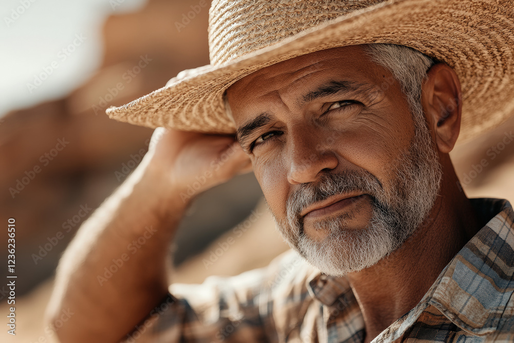Fototapeta premium Mature Man in Straw Hat Outdoors
