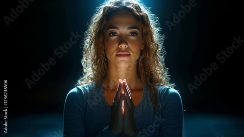 A woman is praying in a dark room. She is smiling and her hands are clasped together