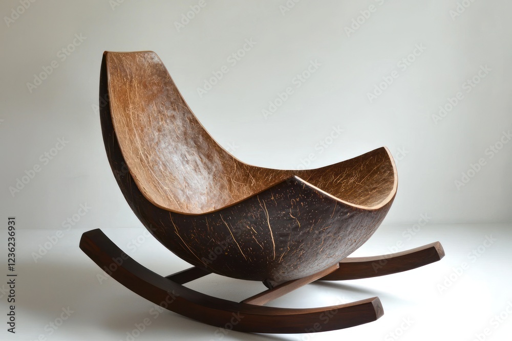 Unique rocking chair crafted from a coconut shell and wooden base, blending natural textures with modern minimalist aesthetics Unique rocking chair crafted from a coconut shell and wooden base, blending natural textures with modern minimalist aesthetics