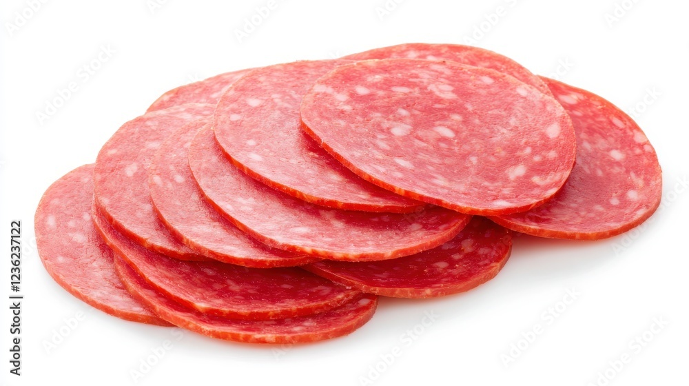 Thin salami slices layering artfully, revealing rich texture and color contrast on pristine white surface Thin salami slices layering artfully, revealing rich texture and color contrast on pristine white surface