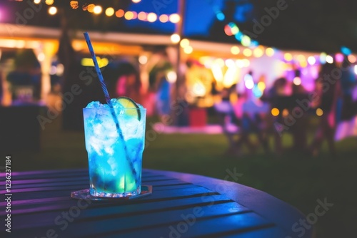 Luminous Cocktail on Table at Outdoor Night Party with Colorful Lights photo