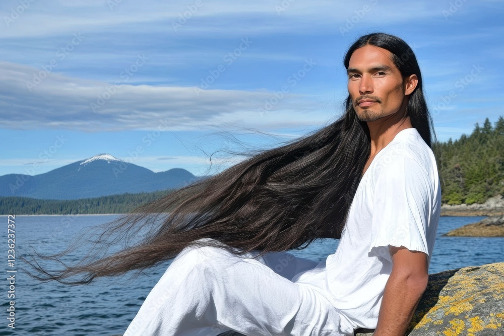 Serene Man with Long Hair in Tranquil Nature near Mountainous Lake Serene Man with Long Hair in Tranquil Nature near Mountainous Lake