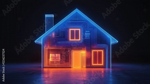 A 3D-rendered artistic representation of electricity flowing through a modern house, depicted as glowing blue and orange circuit lines integrated within the walls and floors. The home is