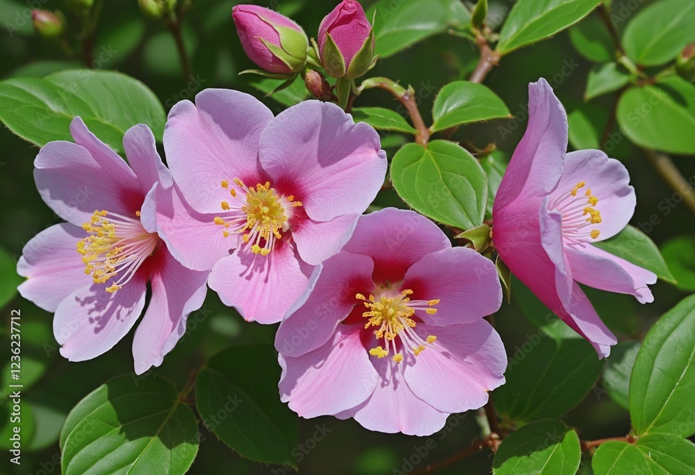 Vibrant Pink Wild Rose Blossoms on Lush Green Bush in Summer Garden Vibrant Pink Wild Rose Blossoms on Lush Green Bush in Summer Garden