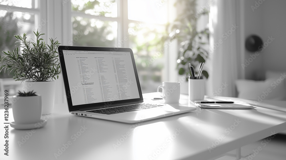 Fototapeta premium Photo of a clean white desk with a laptop displaying content, surrounded by plants, creating a serene and organized workspace.