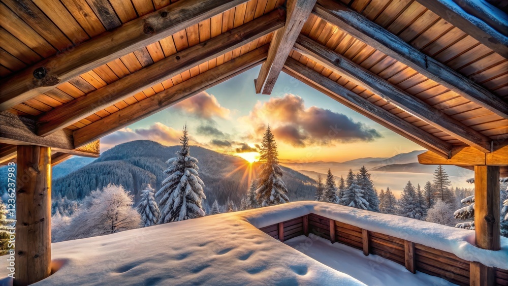 Fototapeta premium Snowy Cabin Roof at Winter Dawn, wooden beams, serene surroundings