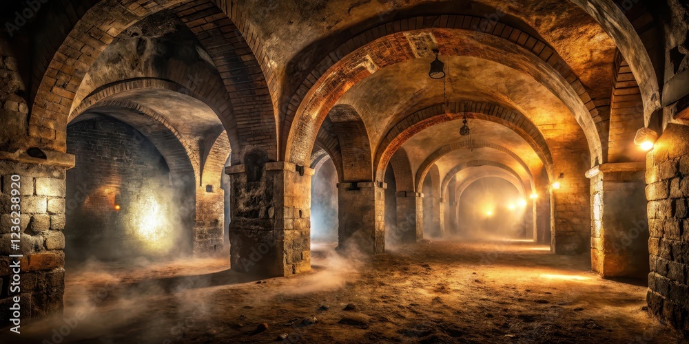 Obraz premium A vast underground chamber filled with a dense mist, illuminated only by faint torches