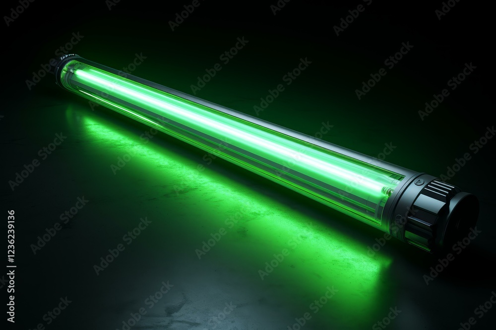 Green fluorescent lamp emitting bright light in a dark setting, showcasing modern and futuristic design