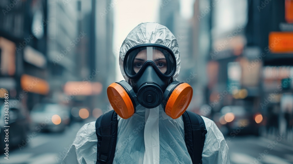 A person in a protective suit and gas mask stands in a deserted city street, highlighting themes of safety and environmental concerns. A person in a protective suit and gas mask stands in a deserted city street, highlighting themes of safety and environmental concerns.