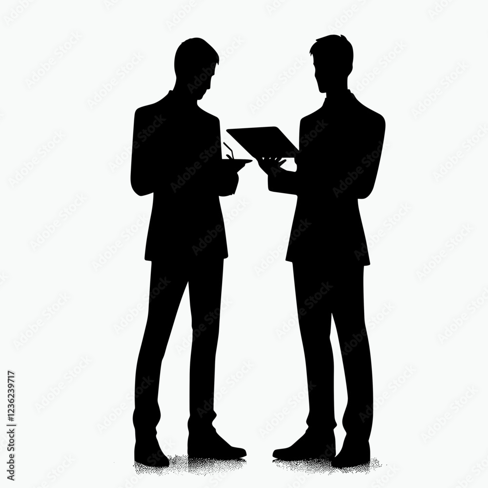 Silhouette of two business professionals discussing with a clipboard
Silhouette of two business professionals discussing with a clipboard