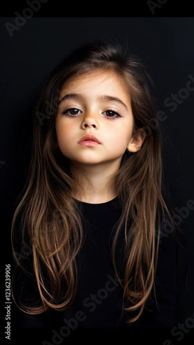 A young girl with long brown hair is looking up at the camera. The image has a moody and mysterious feel to it, as the girl's gaze seems to be searching for something beyond the frame