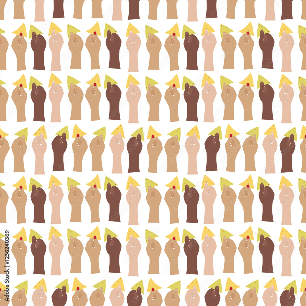 Female and Male Hands different race hold spinach or corn nachos Seamless Pattern. Mexican food fond Female and Male Hands different race hold spinach or corn nachos Seamless Pattern. Mexican food fond