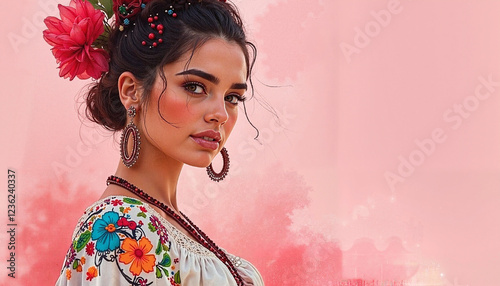Watercolor portrait of woman in traditional Mexican embroidered dress against pink pastel background with copy space