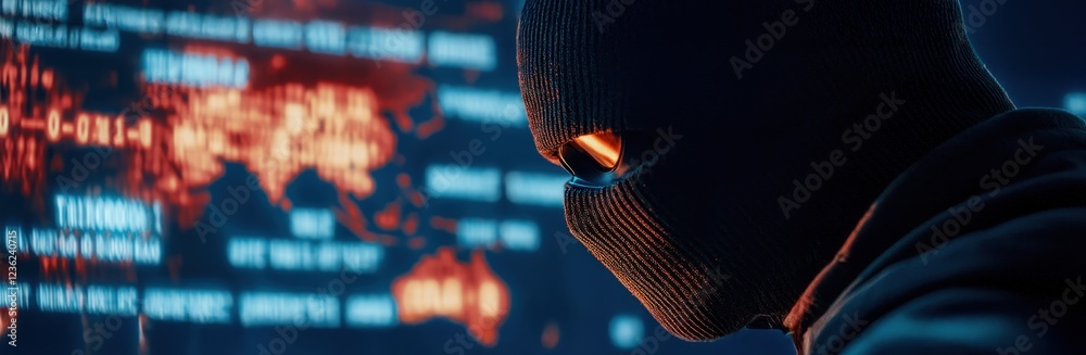 Fototapeta premium A masked figure focuses intently on digital data, representing themes of cybersecurity, hacking, and the digital landscape.