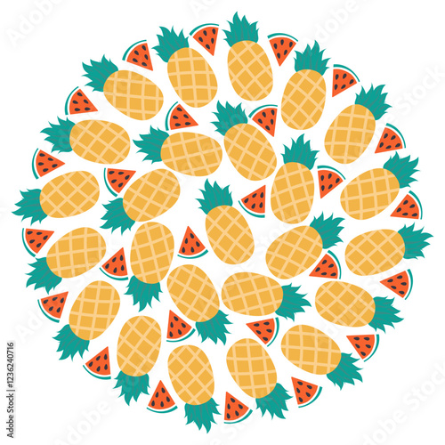 Triangular Watermelon slices and whole Pineapples Circular Summertime Fruits background Texture idea