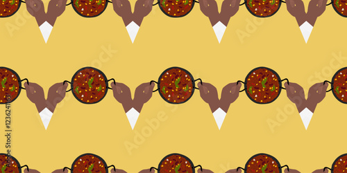 Male hands hold cast iron skillet filled Chili con carne Seamless Pattern. Mexican eating background