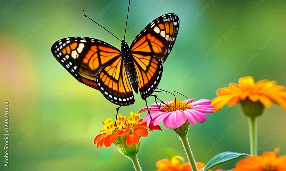 Vibrant Monarch Butterfly Feeding on Colorful Flowers in Garden Vibrant Monarch Butterfly Feeding on Colorful Flowers in Garden