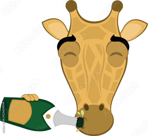vector illustration emoji head character giraffe cartoon, drinking champagne or cider from the bottle