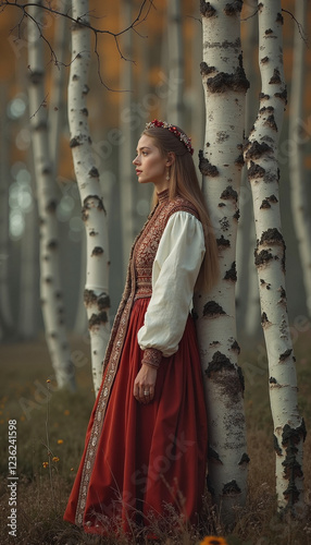  Photorealistic woman in Russian dress, reflective, standing by birch tree, in birch grove words + concept. photo