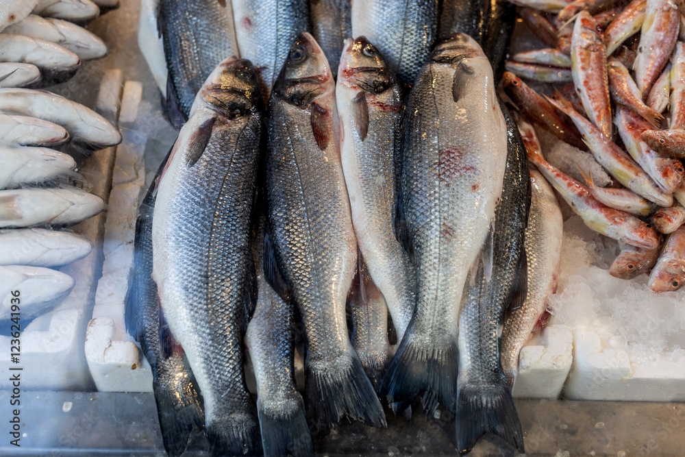 Fototapeta premium Fresh fish sea bass on ice for sale at a fish market in Izmir, Turkey