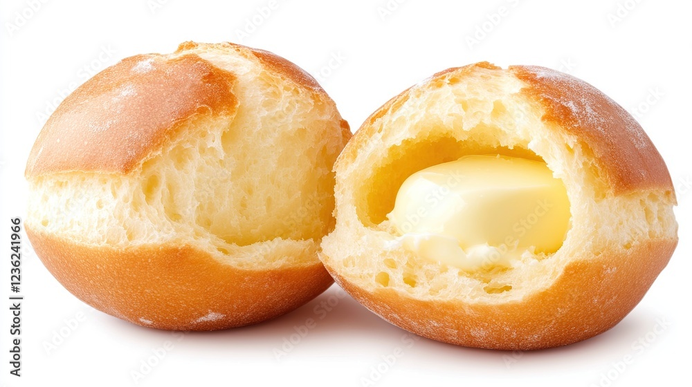 Buttery pastries halved, studio shot, white background, food photography Buttery pastries halved, studio shot, white background, food photography