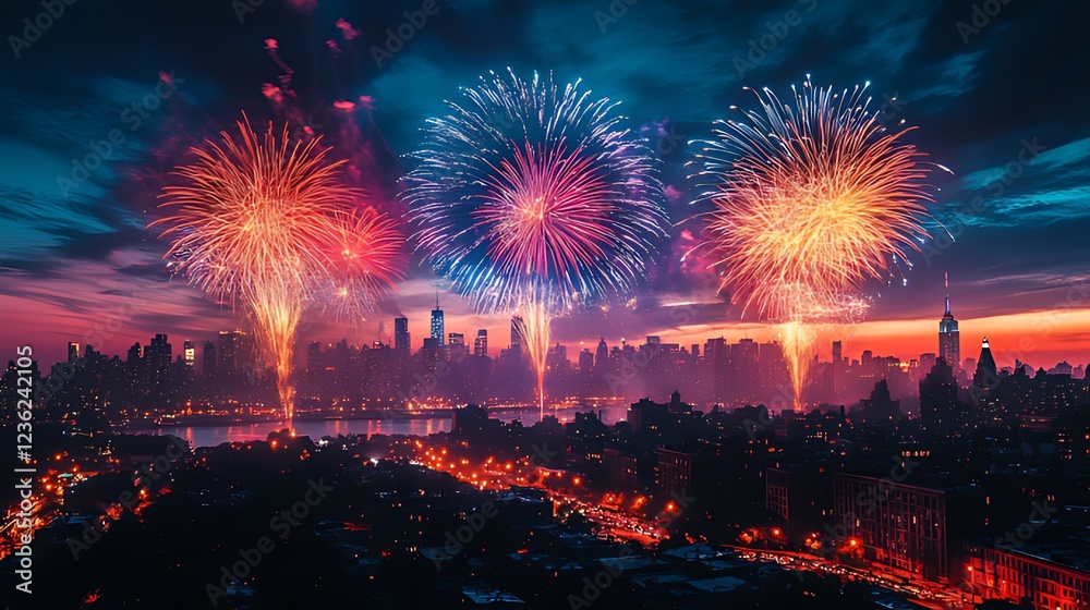Naklejka premium Fireworks explode over city skyline at night