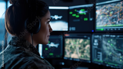 A military intelligence officer inside a dark, high-tech operations room reviews live drone surveillance feeds, tracking enemy movements across a digital terrain map. Their face is illuminated by the