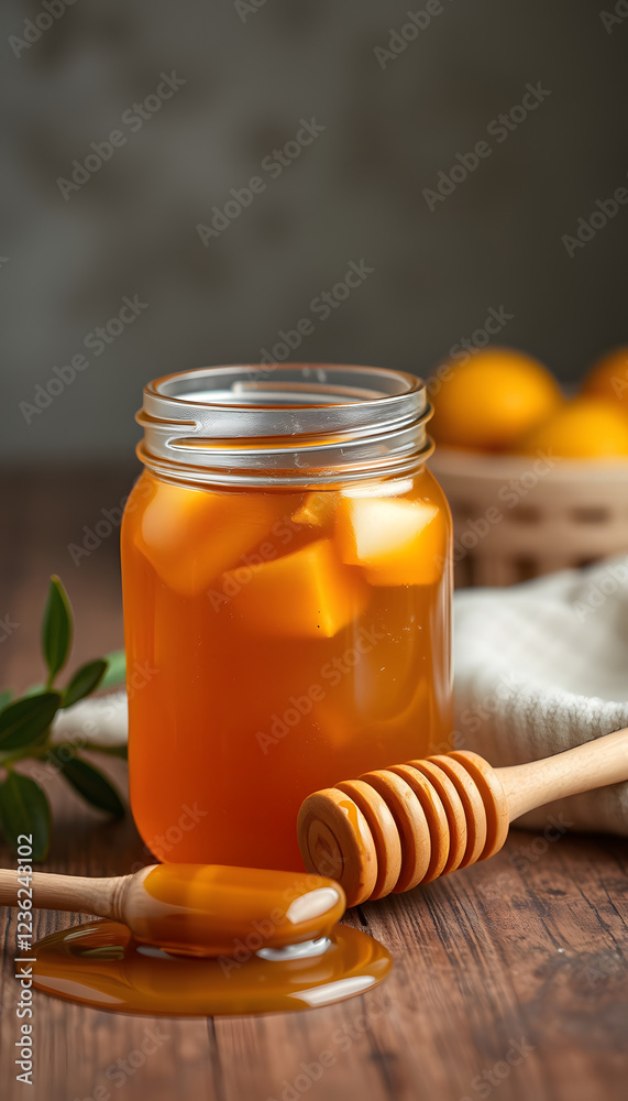 Jar of tasty fresh honey and dipper on table, space for text. Banner design, smooth light. isolated with white shades Jar of tasty fresh honey and dipper on table, space for text. Banner design, smooth light. isolated with white shades