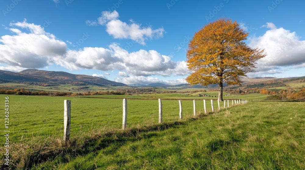 Autumn tree in valley pasture, mountains background, peaceful landscape Autumn tree in valley pasture, mountains background, peaceful landscape