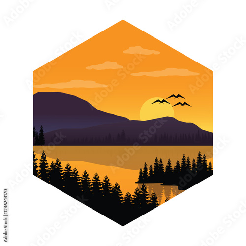 Illustration template design, with natural view of sunset from trees, mountains and lakes