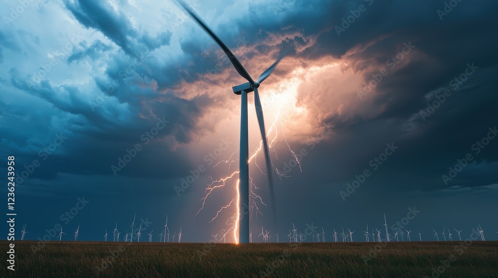 Obraz premium Dramatic Lightning Striking Wind Turbine in Stormy Landscape