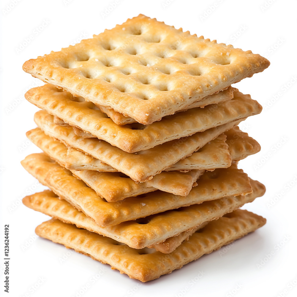 stacked pile of crispy saltine crackers isolated on white background full depth of feild. stacked pile of crispy saltine crackers isolated on white background full depth of feild.