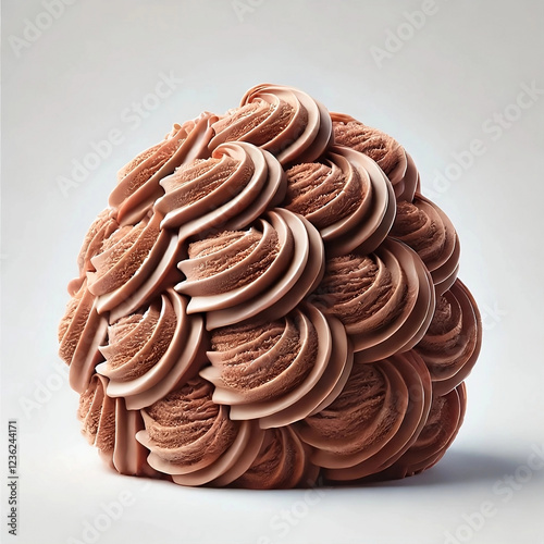 Abstract chocolate ice cream frosting swirl pattern formed in a spherical shape against light background