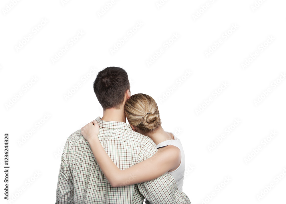A couple hugging closely, viewed from behind, with the woman's head resting on the man's shoulder, isolated on a clean white background A couple hugging closely, viewed from behind, with the woman's head resting on the man's shoulder, isolated on a clean white background