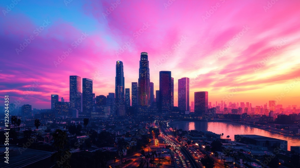 Obraz premium Vibrant Skyline of Los Angeles at Sunset with Colorful Clouds
