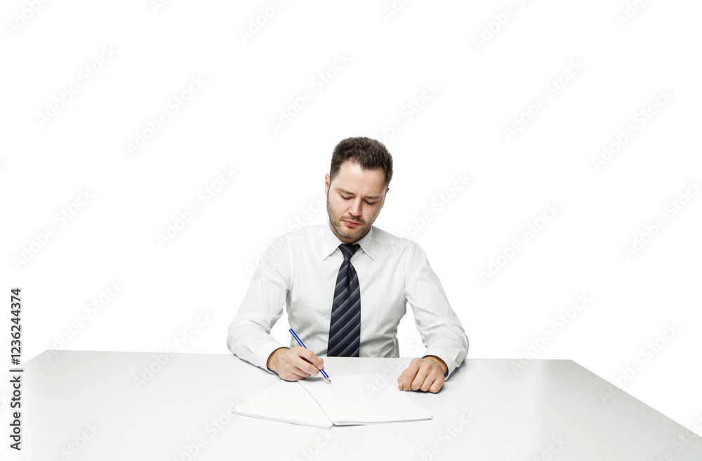 Man in formal attire writing on paper, seated at a desk. Isolated on a clean white background. Concept of office work, signing documents Man in formal attire writing on paper, seated at a desk. Isolated on a clean white background. Concept of office work, signing documents