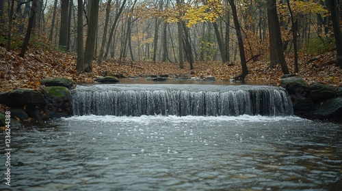 Autumn stream flows through forest, cascade. Nature background