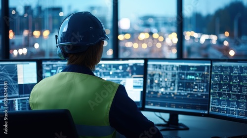 A traffic control officer oversees a smart city s public safety system, monitoring AI-powered cameras that track vehicle flow, pedestrian movement, and accident response times. Their workstation is photo