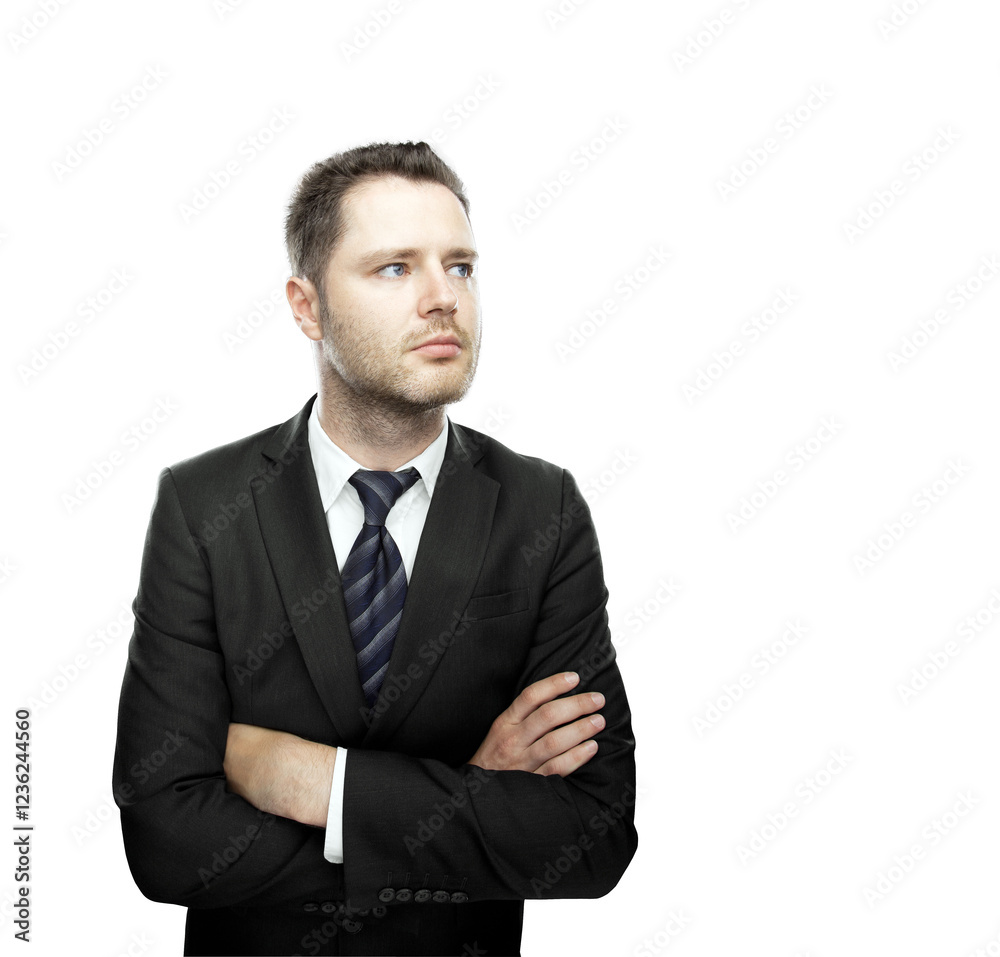 Man in formal business attire with a thoughtful expression, crossing arms, standing against a clean white background. Professional portrait concept Man in formal business attire with a thoughtful expression, crossing arms, standing against a clean white background. Professional portrait concept