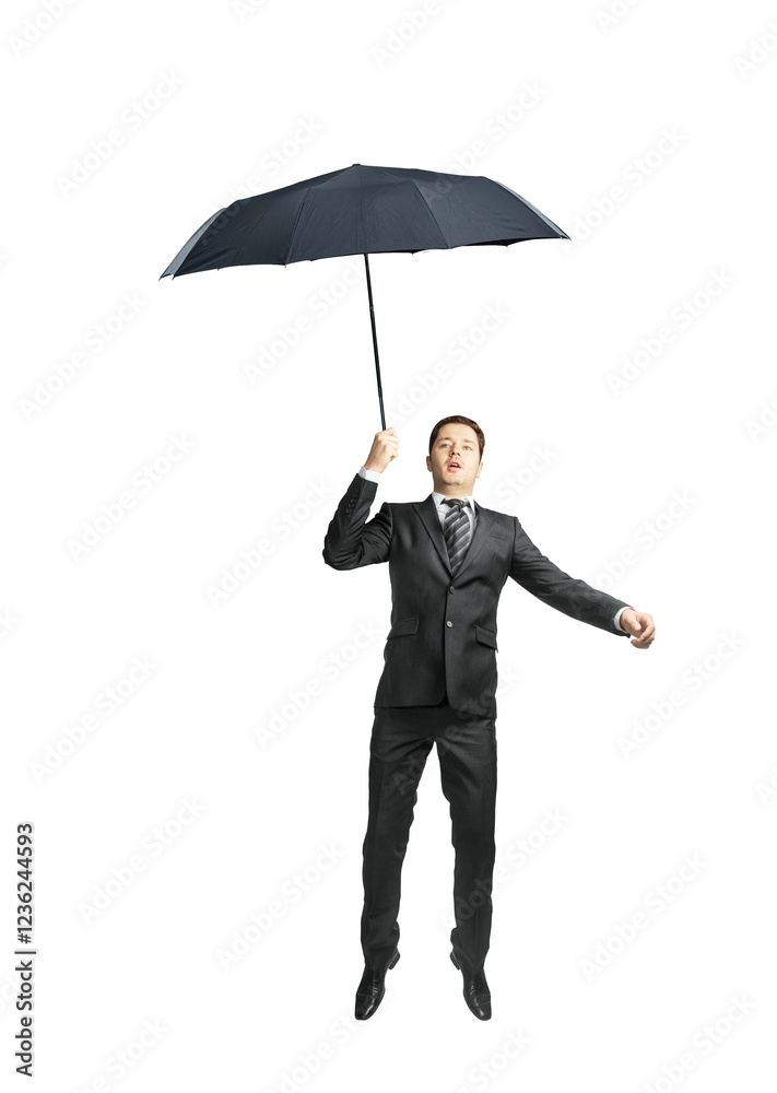 A businessman in a suit holding an umbrella, appearing to float in mid-air. Isolated on a white background. Concept of creativity and imagination A businessman in a suit holding an umbrella, appearing to float in mid-air. Isolated on a white background. Concept of creativity and imagination