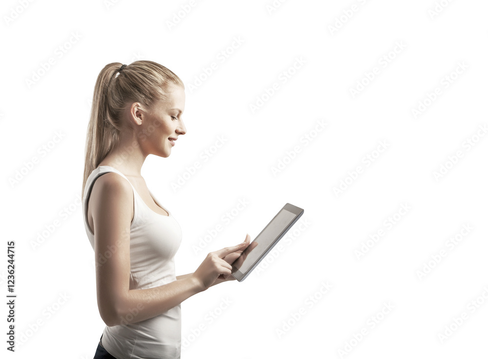 Side profile of a woman with a ponytail using a tablet. Isolated on a clean white background. Concept of technology, interaction, and modern devices Side profile of a woman with a ponytail using a tablet. Isolated on a clean white background. Concept of technology, interaction, and modern devices