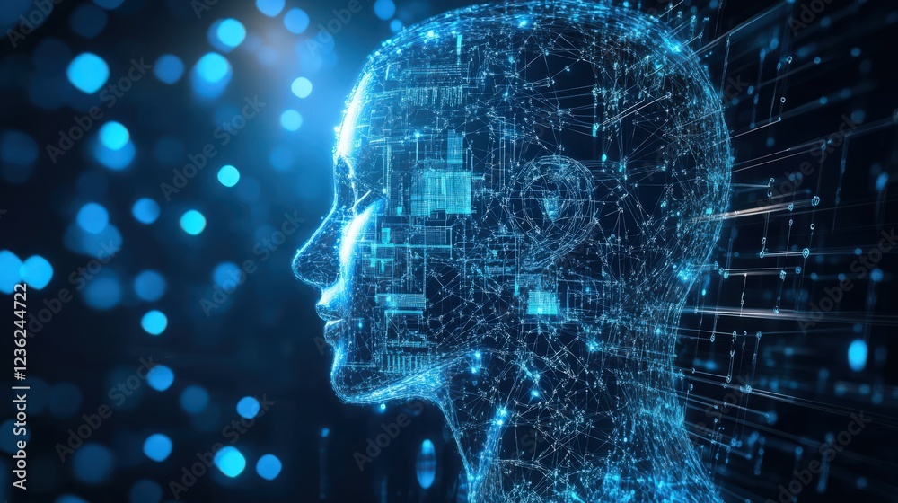 Fototapeta premium Digital Human Profile Artificial Intelligence Concept with Technology Circuitry and Data Flow